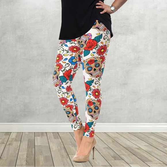 Dia De Los Musertos Sugar Skull Rose Day of the Dead soft Leggings XS - Picture 1 of 17